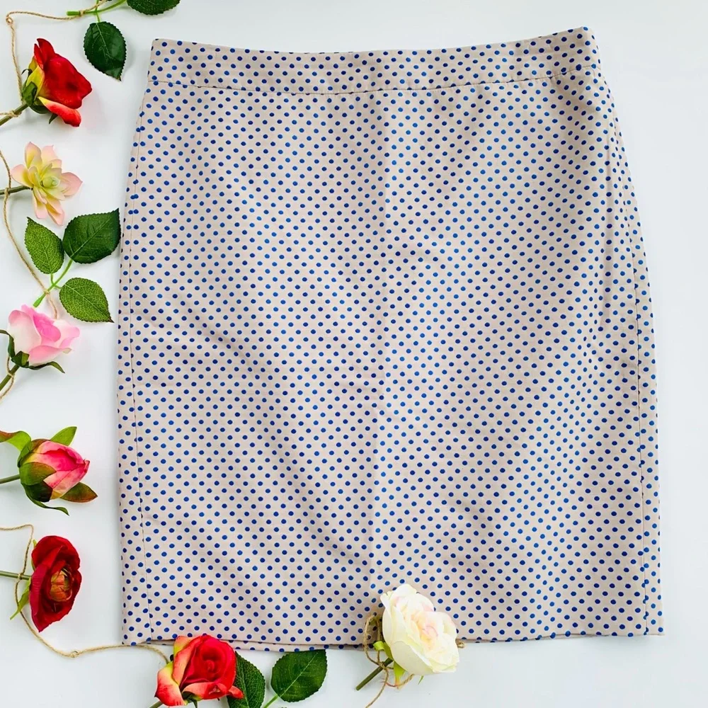 J. Crew Beige Pencil Skirt with Blue Polka Dots